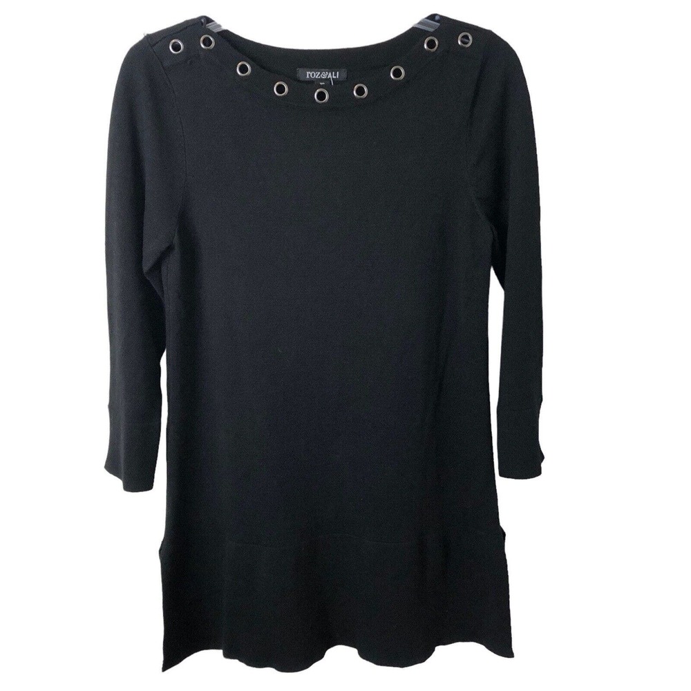 Roz & Ali NWT Women's Black Grommet 3/4 Length Sleeve Tunic Sweater Size XS
